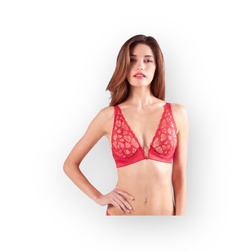 new Mimi Holliday ❤︎ Poison Ivy V Plunge ❤︎ Heart Shaped Lace Bra ❤︎ Scarlet Red - Picture 7 of 17